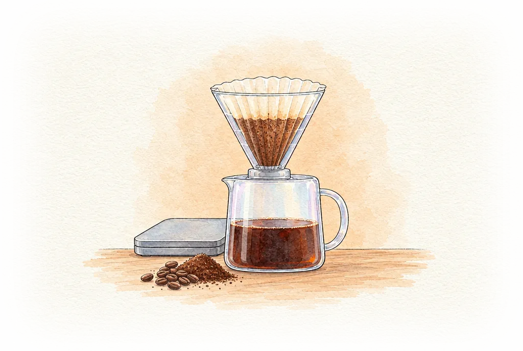 Acuarela de un gotero cónico con filtro de papel y café molido sobre una jarra de vidrio con café, con granos tostados, un montón de molido y una báscula detrás.